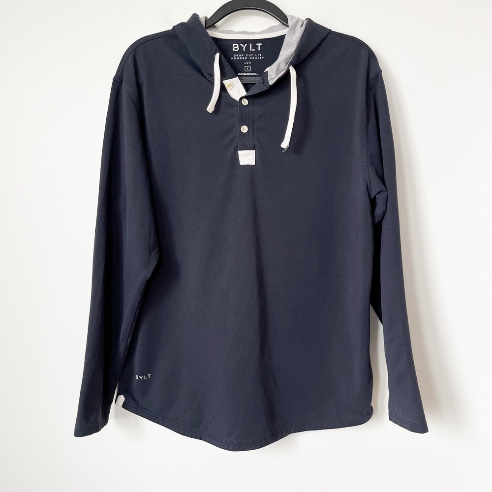BYLT Drop Cut LS Hooded Henley Lux Mens‎ Large Navy Blue